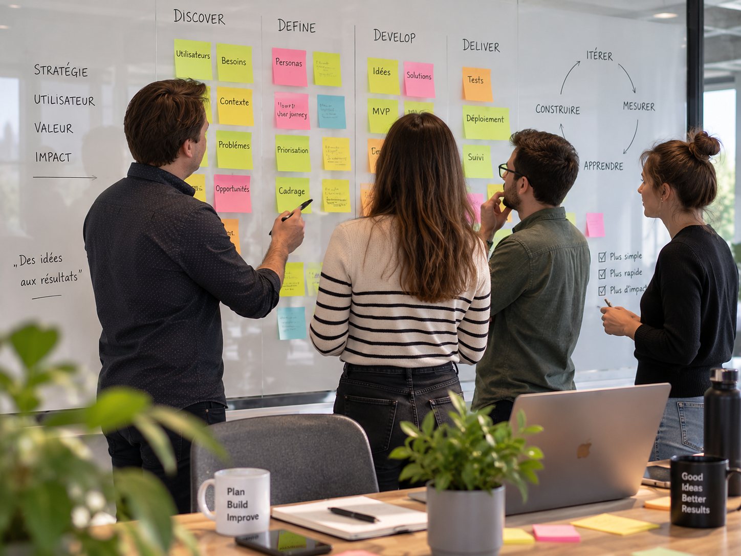 Atelier de cadrage : mur de notes et equipe projet